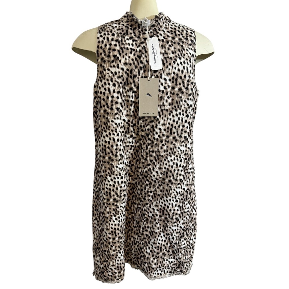 Tommy Bahama Lagoon Leopard Linen Shift Dress Ruffle V-Neck Raw Hem Summer Boho - Picture 3 of 8